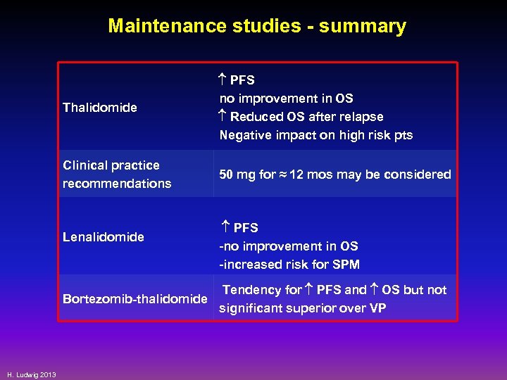 Maintenance studies - summary Thalidomide PFS no improvement in OS Reduced OS after relapse