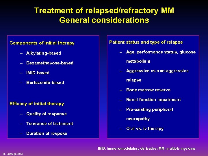 Treatment of relapsed/refractory MM General considerations Components of initial therapy – Alkylating-based – Dexamethasone-based