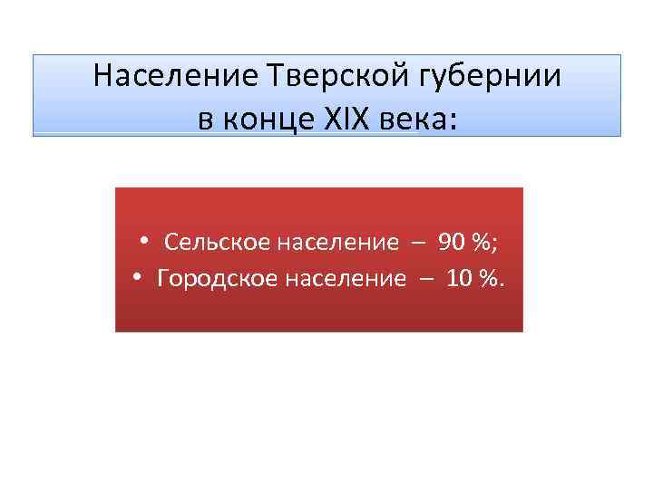 Население Тверской губернии в конце XIX века: • Сельское население – 90 %; •