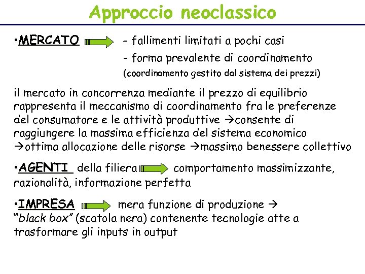 Approccio neoclassico • MERCATO - fallimenti limitati a pochi casi - forma prevalente di