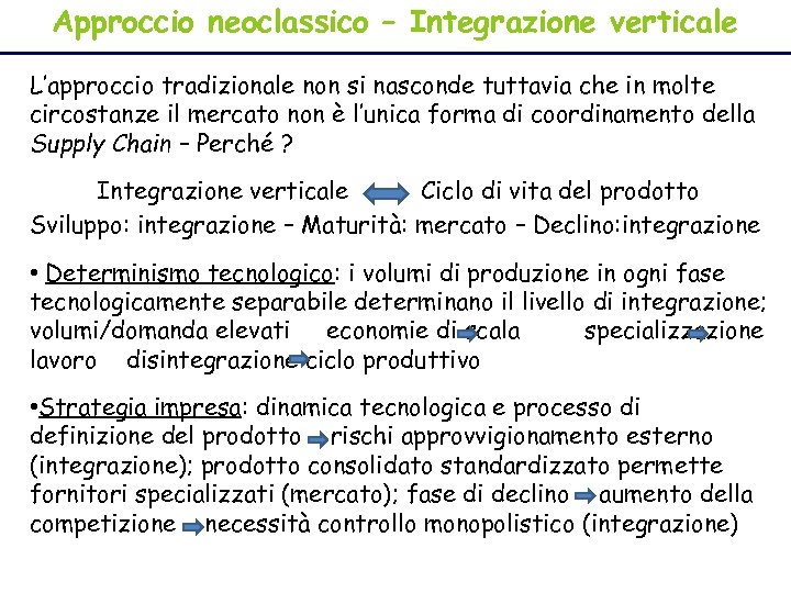 Approccio neoclassico – Integrazione verticale L’approccio tradizionale non si nasconde tuttavia che in molte