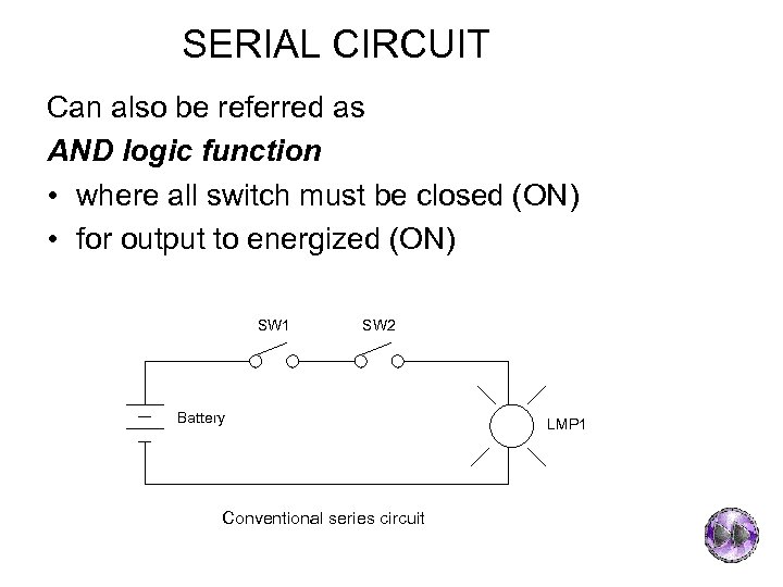 SERIAL CIRCUIT Can also be referred as AND logic function • where all switch