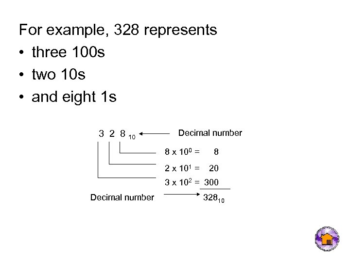 For example, 328 represents • three 100 s • two 10 s • and