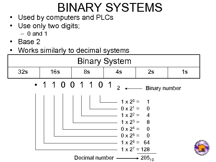 BINARY SYSTEMS • Used by computers and PLCs • Use only two digits; –