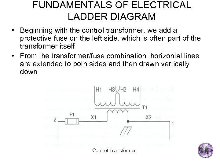 FUNDAMENTALS OF ELECTRICAL LADDER DIAGRAM • Beginning with the control transformer, we add a