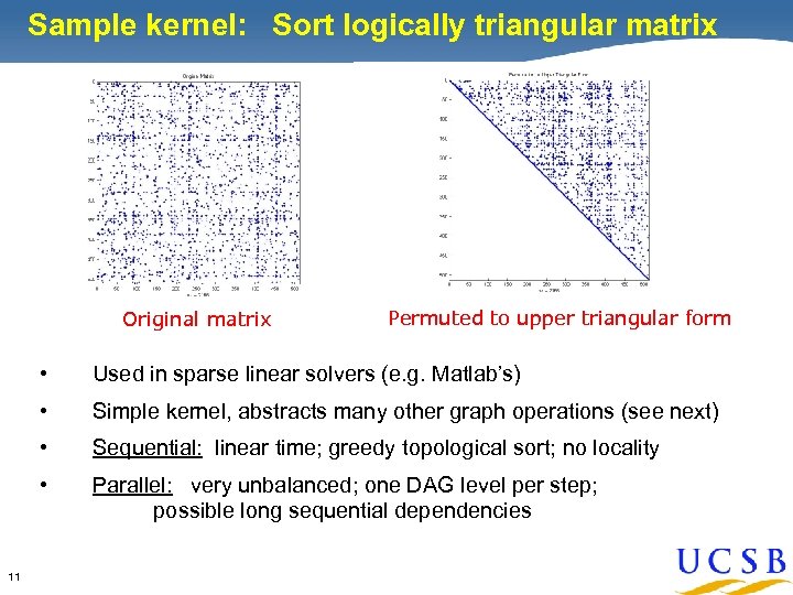 Sample kernel: Sort logically triangular matrix Original matrix Permuted to upper triangular form •