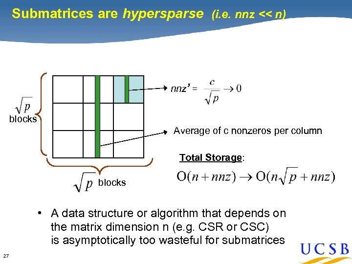 Submatrices are hypersparse (i. e. nnz << n) nnz’ = blocks Average of c