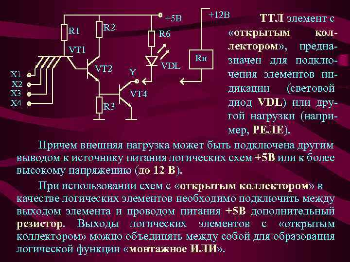 R 1 R 2 +5 В +12 В ТТЛ элемент с «открытым коллектором» ,