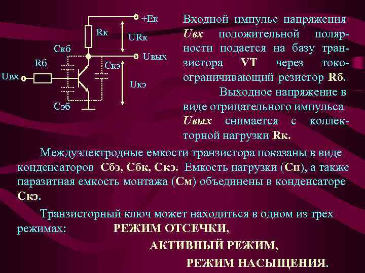 Входной импульс напряжения Rк Uвх положительной поляр. URк ности подается на базу тран. Скб