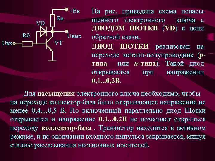 +Ек VD Rк Rб Uвх Uвых VT На рис. приведена схема ненасыщенного электронного ключа