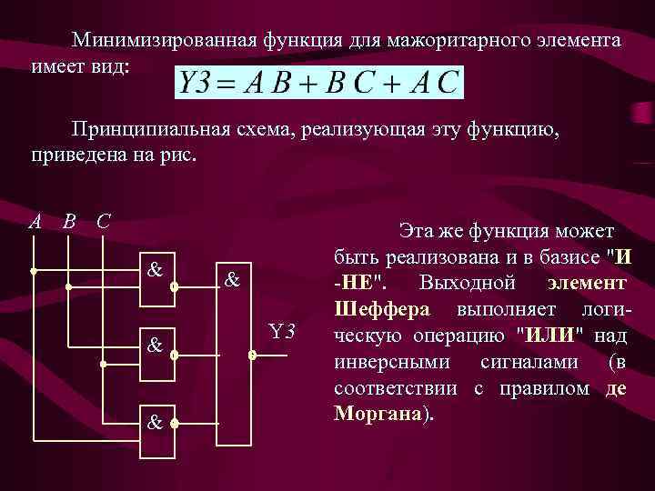 Минимизированная функция для мажоритарного элемента имеет вид: Принципиальная схема, реализующая эту функцию, приведена на