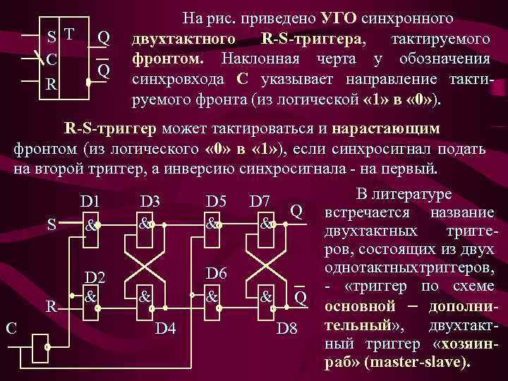 S T C R Q Q На рис. приведено УГО синхронного двухтактного R-S-триггера, тактируемого