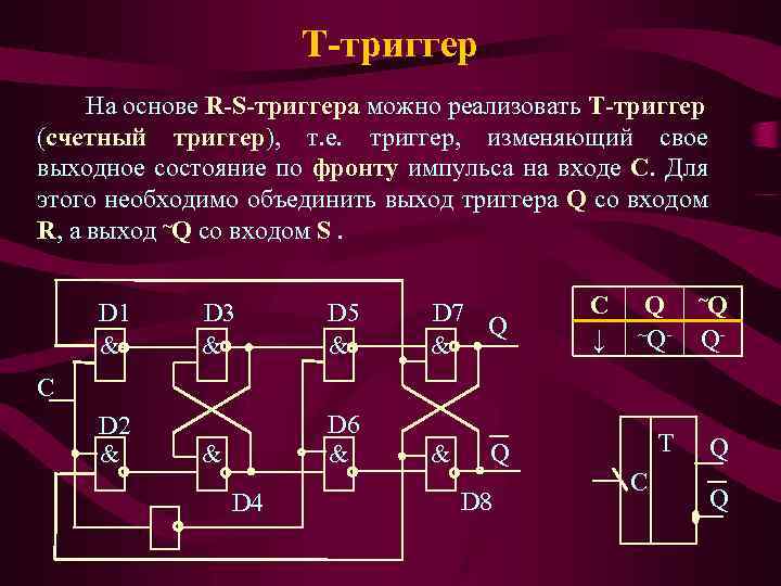 Т-триггер На основе R-S-триггера можно реализовать Т-триггер (счетный триггер), т. е. триггер, изменяющий свое