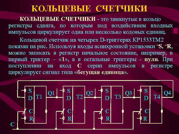 КОЛЬЦЕВЫЕ СЧЕТЧИКИ - это замкнутые в кольцо регистры сдвига, по которым под воздействием входных