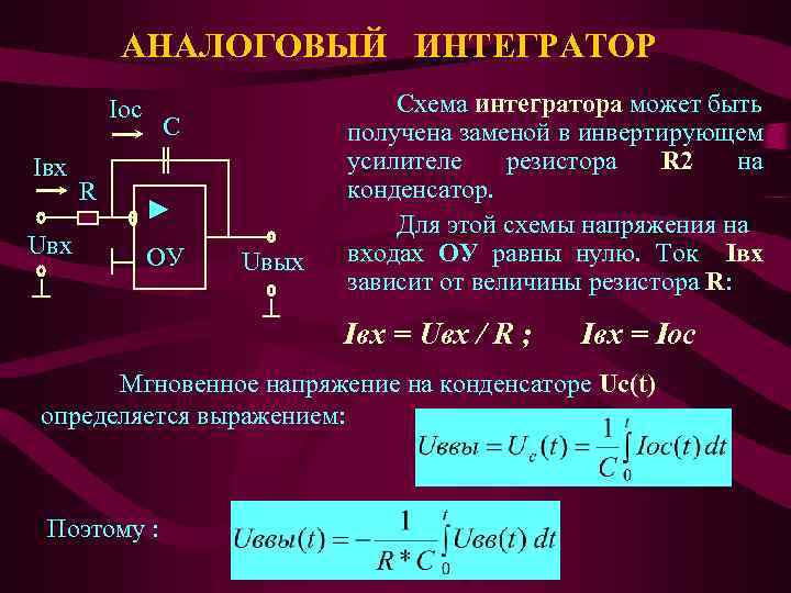 АНАЛОГОВЫЙ ИНТЕГРАТОР Ioc Iвх Uвх R С ► ОУ Uвых Схема интегратора может быть