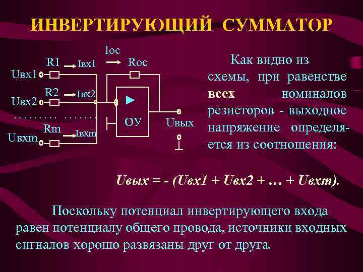 ИНВЕРТИРУЮЩИЙ СУММАТОР Uвх1 Uвх2 Ioc R 1 Iвх1 R 2 Iвх2 . . .