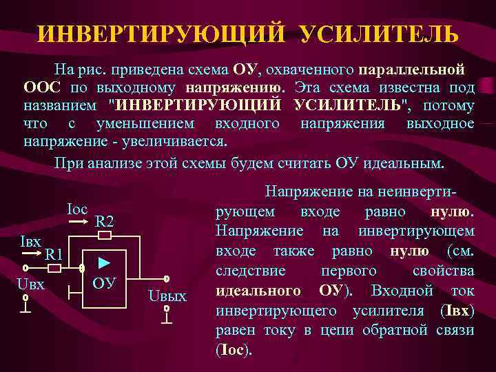 ИНВЕРТИРУЮЩИЙ УСИЛИТЕЛЬ На рис. приведена схема ОУ, охваченного параллельной ООС по выходному напряжению. Эта