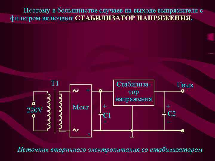 Поэтому в большинстве случаев на выходе выпрямителя с фильтром включают СТАБИЛИЗАТОР НАПРЯЖЕНИЯ. T 1