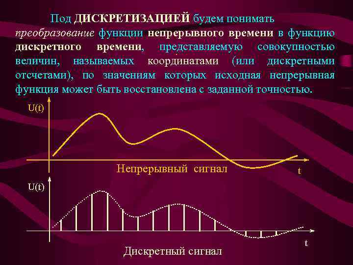 Под ДИСКРЕТИЗАЦИЕЙ будем понимать ДИСКРЕТИЗАЦИЕЙ преобразование функции непрерывного времени в функцию дискретного времени, представляемую