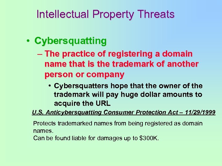Intellectual Property Threats • Cybersquatting – The practice of registering a domain name that