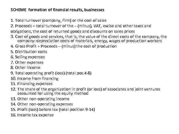 SCHEME formation of financial results, businesses 1. Total turnover (company, firm) or the cost