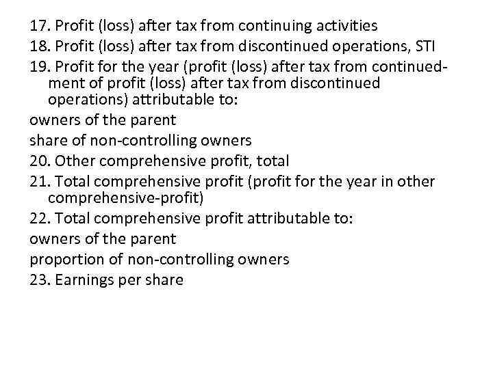 17. Profit (loss) after tax from continuing activities 18. Profit (loss) after tax from