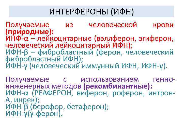 ИНТЕРФЕРОНЫ (ИФН) Получаемые из человеческой крови (природные): ИНФ-α – лейкоцитарные (вэллферон, эгиферон, человеческий лейкоцитарный