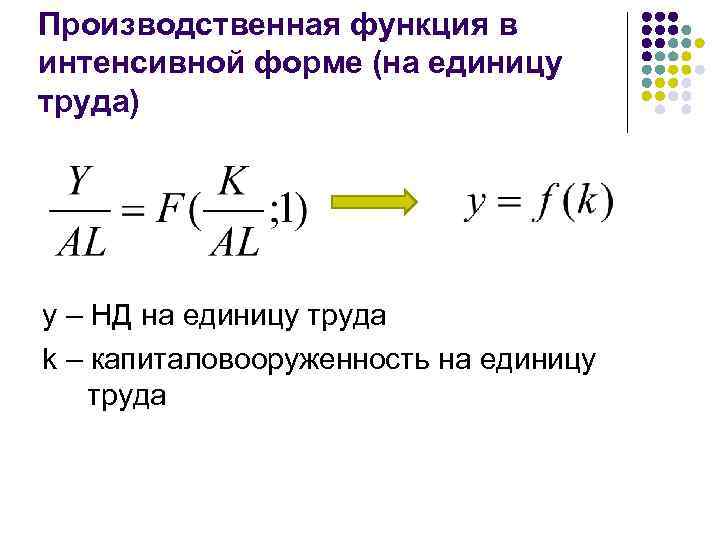 Производственная функция в интенсивной форме (на единицу труда) y – НД на единицу труда