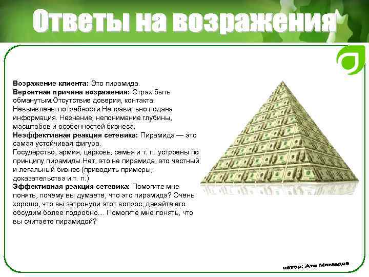 Возражение клиента: Это пирамида. Вероятная причина возражения: Страх быть обманутым. Отсутствие доверия, контакта. Невыявлены