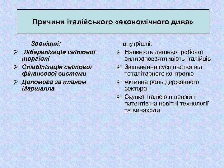 Причини італійського «економічного дива» Зовнішні: Ø Лібералізація світової торгівлі Ø Стабілізація світової фінансової системи