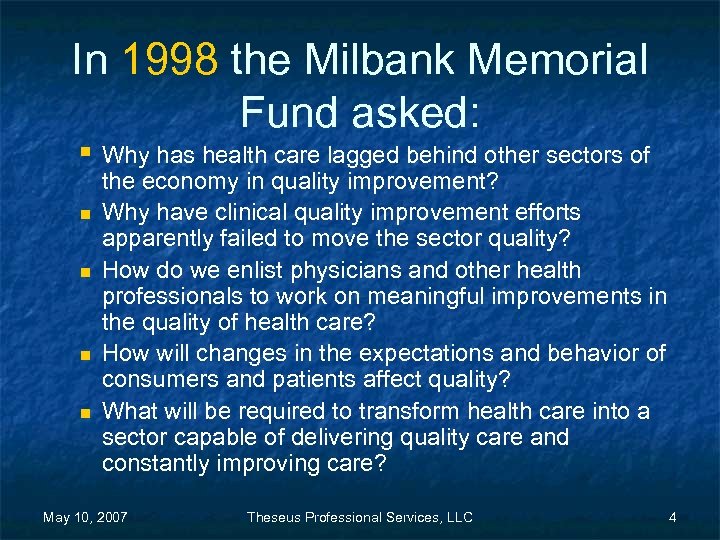 In 1998 the Milbank Memorial Fund asked: § Why has health care lagged behind