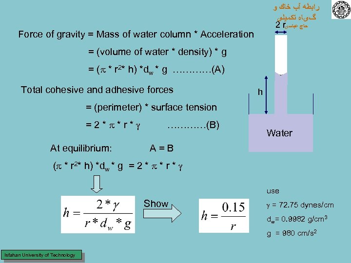  ﺭﺍﺑﻄﻪ آﺐ ﺧﺎﻙ ﻭ گیﺎﻩ ﺗﻜﻤﻴﻠی 2 r ﺣﺎﺝ ﻋﺒﺎﺳی Force of gravity