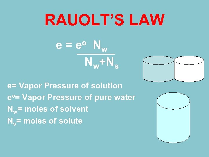 RAUOLT’S LAW e = e o Nw Nw+Ns e= Vapor Pressure of solution eo=