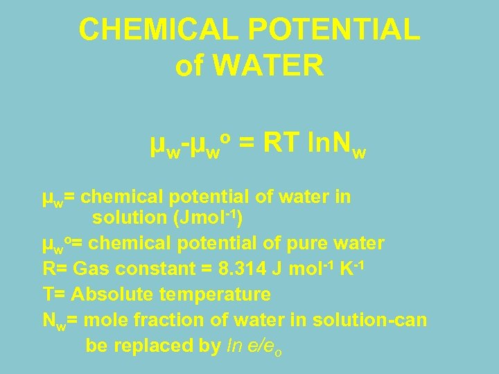 CHEMICAL POTENTIAL of WATER µw-µwo = RT ln. Nw µw= chemical potential of water