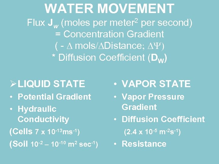 WATER MOVEMENT Flux Jw (moles per meter 2 per second) = Concentration Gradient (