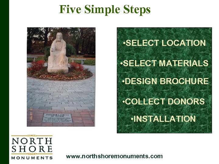 Five Simple Steps • SELECT LOCATION • SELECT MATERIALS • DESIGN BROCHURE • COLLECT