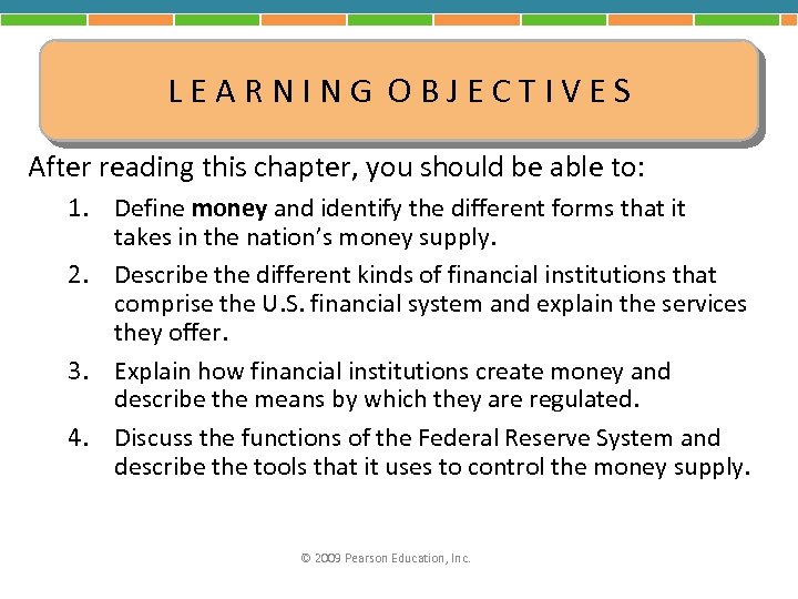 LEARNING OBJECTIVES After reading this chapter, you should be able to: 1. Define money