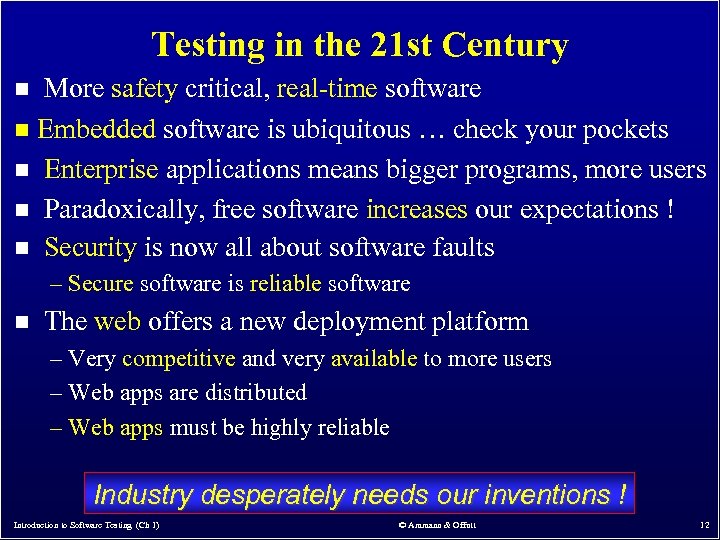Testing in the 21 st Century More safety critical, real-time software n Embedded software