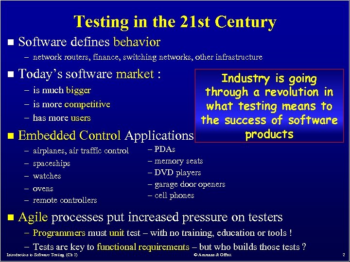 Testing in the 21 st Century n Software defines behavior – network routers, finance,