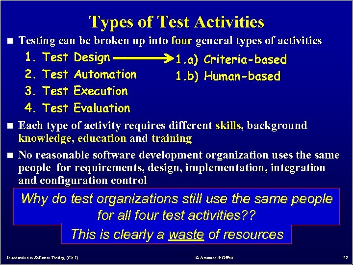 Types of Test Activities n n n Testing can be broken up into four