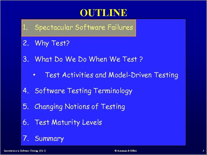 OUTLINE 1. Spectacular Software Failures 2. Why Test? 3. What Do We Do When