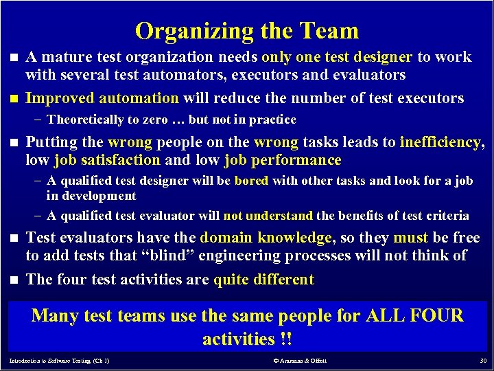 Organizing the Team n n A mature test organization needs only one test designer