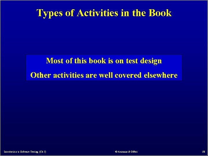 Types of Activities in the Book Most of this book is on test design