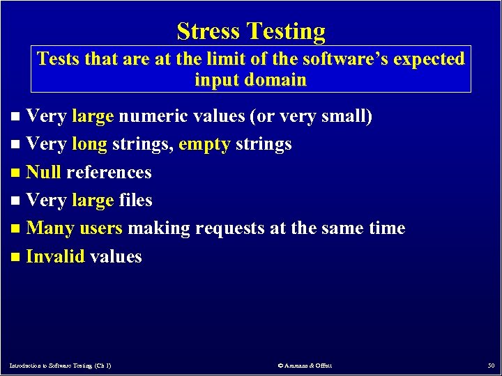 Stress Testing Tests that are at the limit of the software’s expected input domain