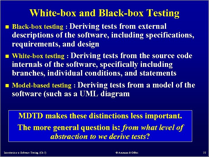 White-box and Black-box Testing n n n Black-box testing : Deriving tests from external