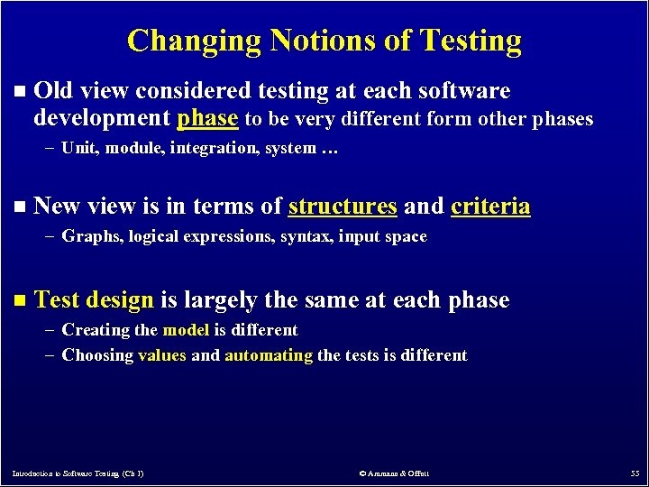Changing Notions of Testing n Old view considered testing at each software development phase