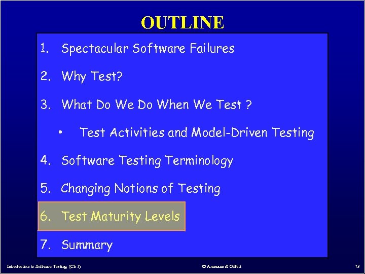 OUTLINE 1. Spectacular Software Failures 2. Why Test? 3. What Do We Do When