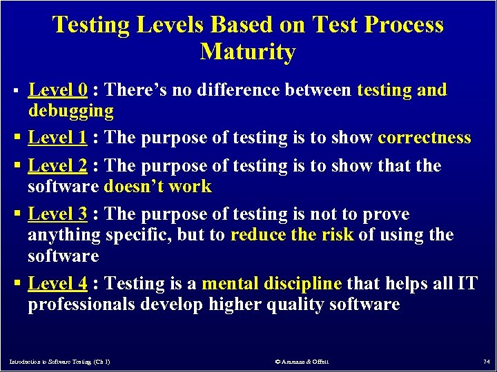 Testing Levels Based on Test Process Maturity § § § Level 0 : There’s