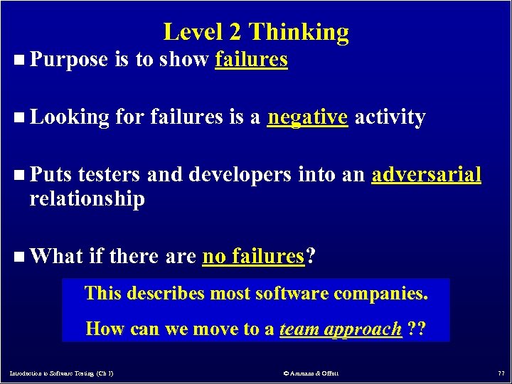 Level 2 Thinking n Purpose is to show failures n Looking for failures is