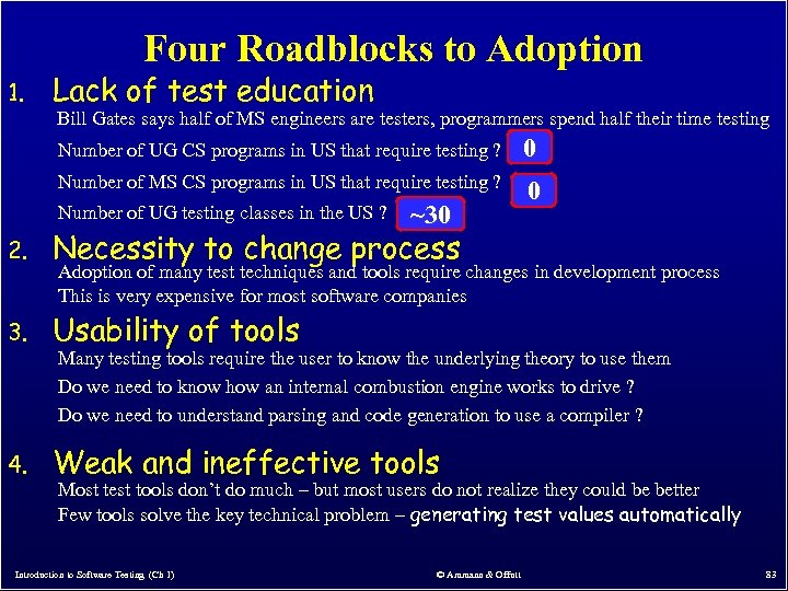 Four Roadblocks to Adoption 1. Lack of test education Bill Gates says half of
